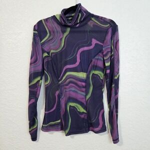 Fabletics S Purple‎ Green Marble Print Mesh Top Long Sleeve Turtleneck Festival